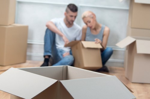 Packed office furniture and equipment ready for transport